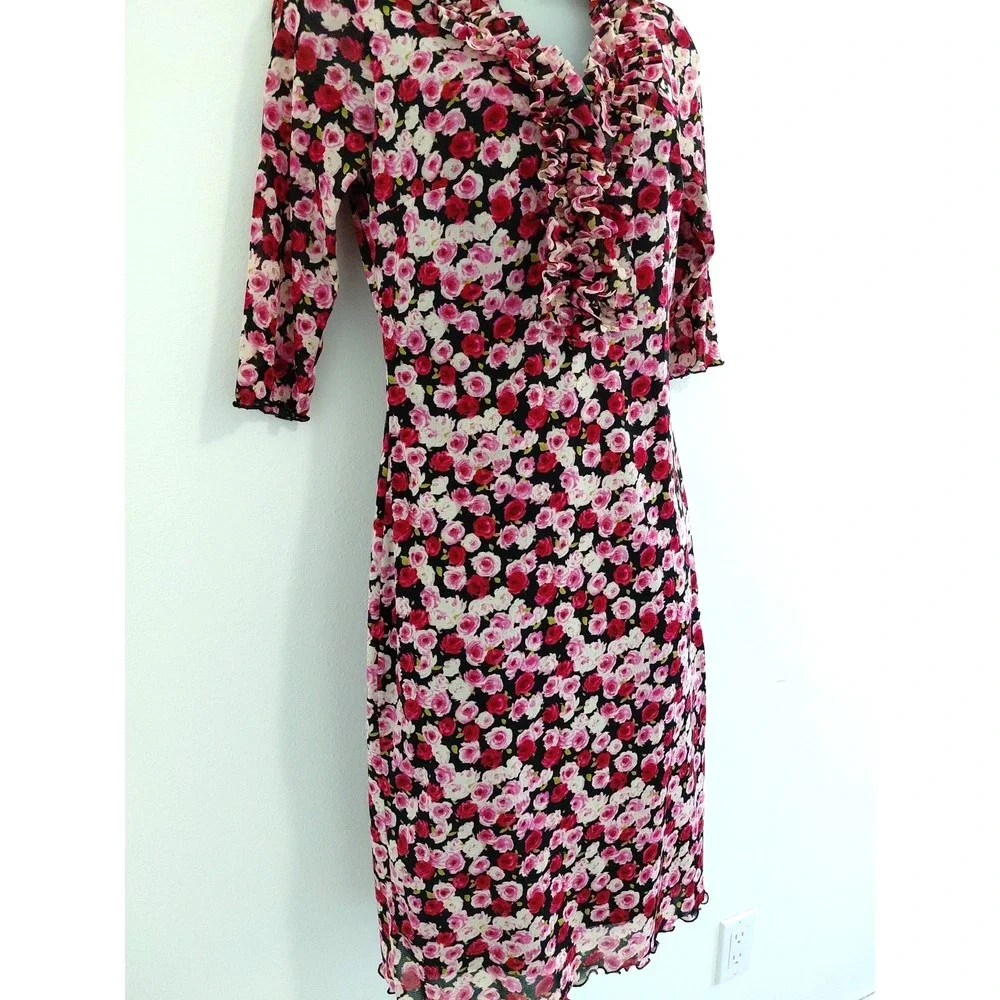 VTG Y2K 90s Zinc Mesh Dress XS/S Pink Red Floral Fairy Romantic Stretch Ruffle‎ - Picture 2 of 13